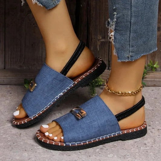 Comfortable Blue Denim Sandals for Women with Wedge Open Toe Buckle Casual Style