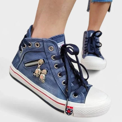 Comfortable Blue Denim Sneakers for Women with Closed Toe Lace Up Casual Style