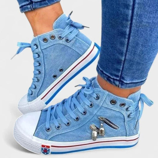 Comfortable Blue Denim Sneakers for Women with Closed Toe Lace Up Casual Style