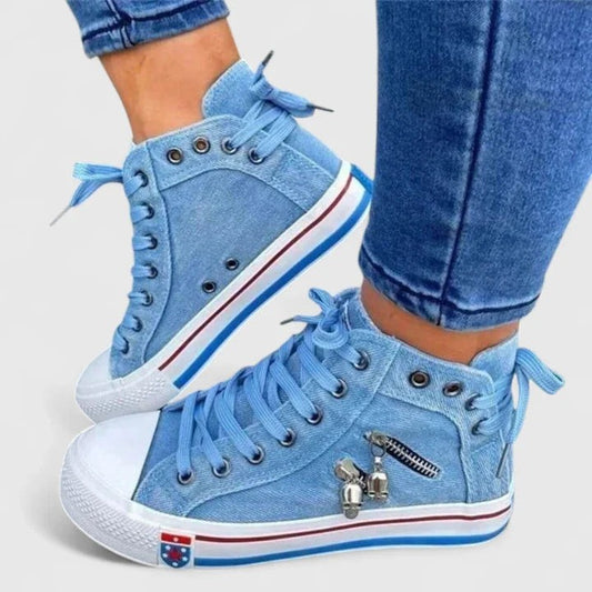 Comfortable Blue Denim Sneakers for Women with Closed Toe Lace Up Casual Style