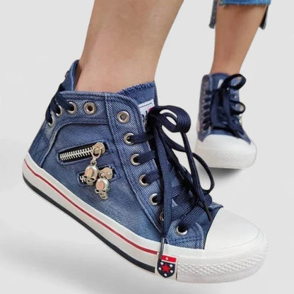 Comfortable Blue Denim Sneakers for Women with Closed Toe Lace Up Casual Style