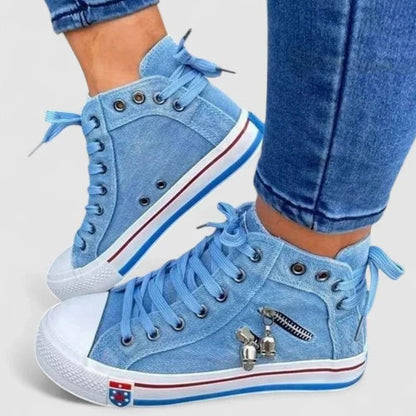 Comfortable Blue Denim Sneakers for Women with Closed Toe Lace Up Casual Style
