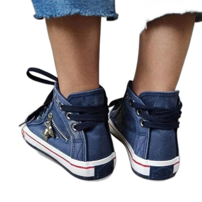 Comfortable Blue Denim Sneakers for Women with Closed Toe Lace Up Casual Style