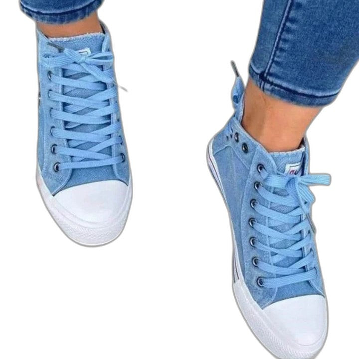 Comfortable Blue Denim Sneakers for Women with Closed Toe Lace Up Casual Style
