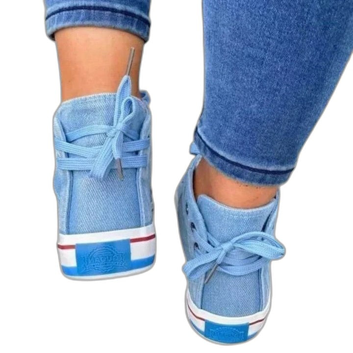 Comfortable Blue Denim Sneakers for Women with Closed Toe Lace Up Casual Style