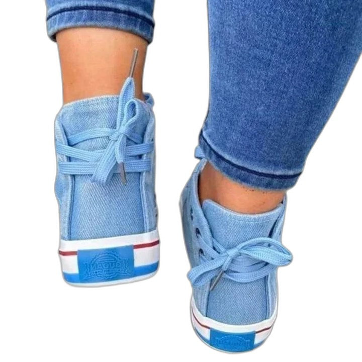 Comfortable Blue Denim Sneakers for Women with Closed Toe Lace Up Casual Style
