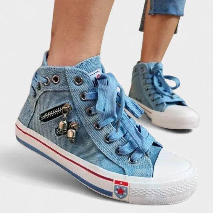 Comfortable Blue Denim Sneakers for Women with Closed Toe Lace Up Casual Style