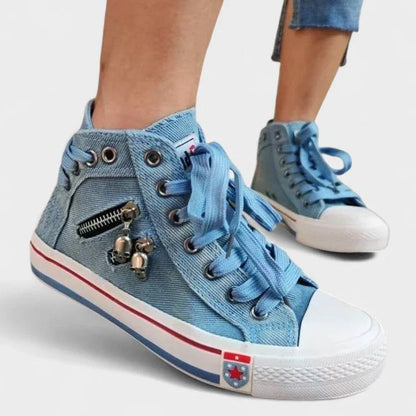 Comfortable Blue Denim Sneakers for Women with Closed Toe Lace Up Casual Style