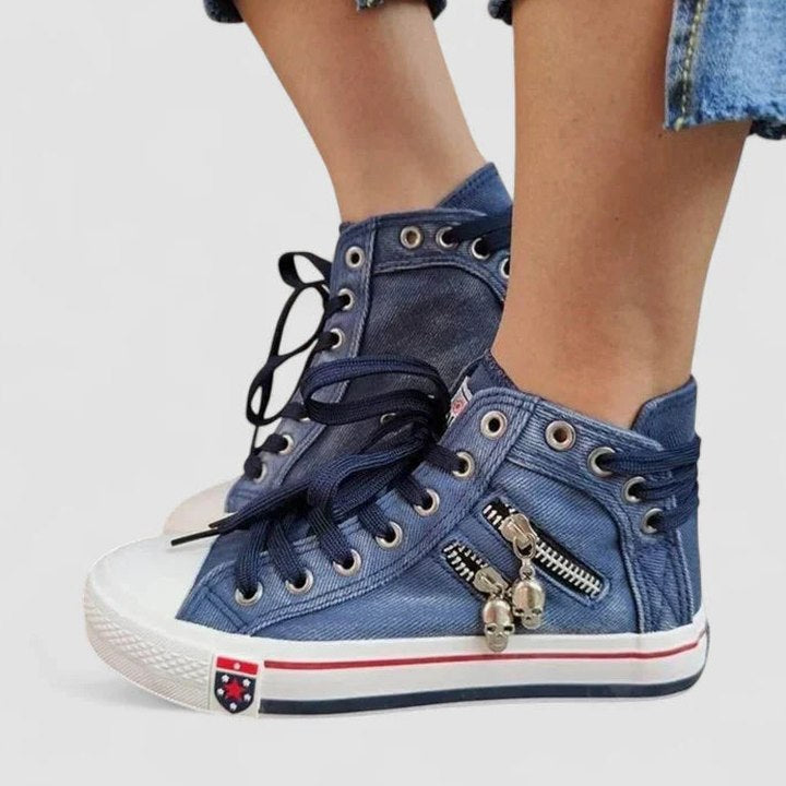 Comfortable Blue Denim Sneakers for Women with Closed Toe Lace Up Casual Style