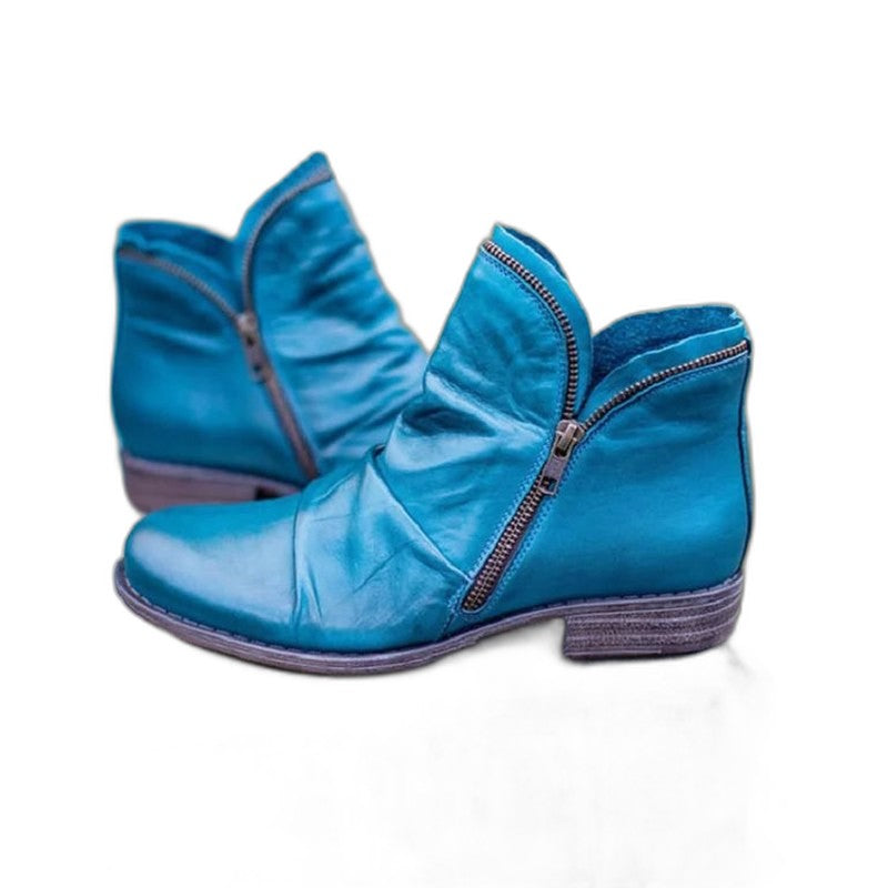 Comfortable Blue Leather Ankle Boots for Women with Closed Toe Casual Style