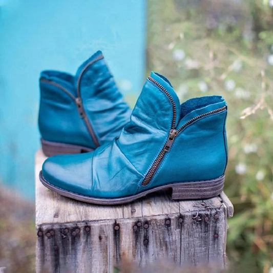 Comfortable Blue Leather Ankle Boots for Women with Closed Toe Casual Style