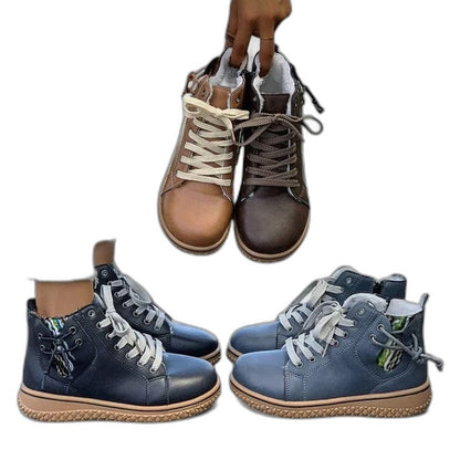 Comfortable Blue Leather Ankle Boots for Women with Closed Toe Lace Up Casual Style