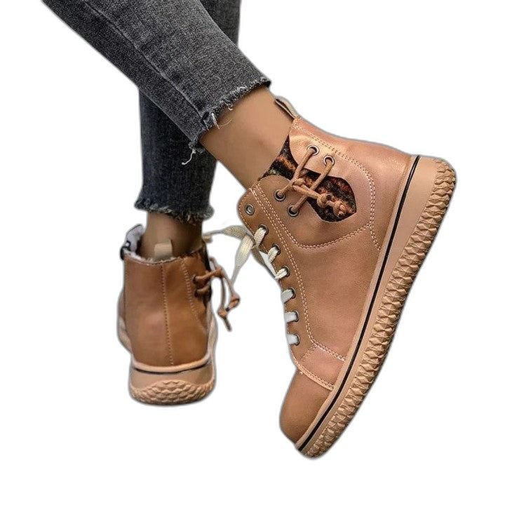 Comfortable Blue Leather Ankle Boots for Women with Closed Toe Lace Up Casual Style
