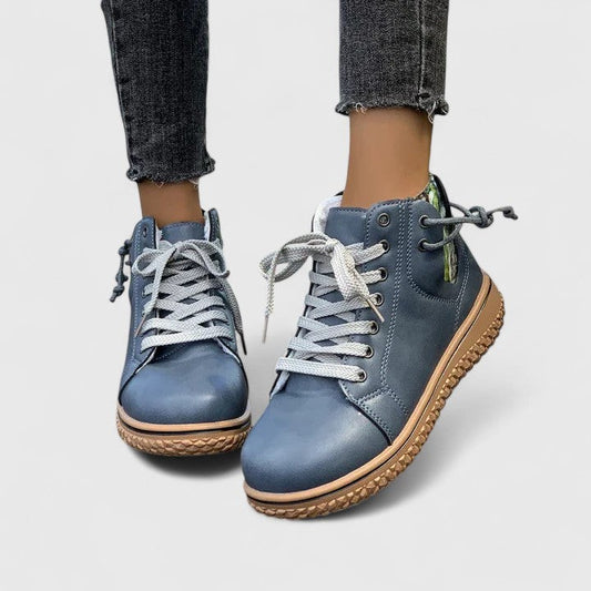 Comfortable Blue Leather Ankle Boots for Women with Closed Toe Lace Up Casual Style