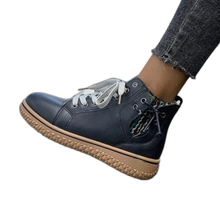 Comfortable Blue Leather Ankle Boots for Women with Closed Toe Lace Up Casual Style