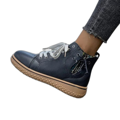 Comfortable Blue Leather Ankle Boots for Women with Closed Toe Lace Up Casual Style