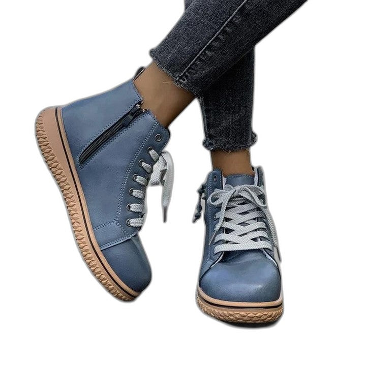 Comfortable Blue Leather Ankle Boots for Women with Closed Toe Lace Up Casual Style