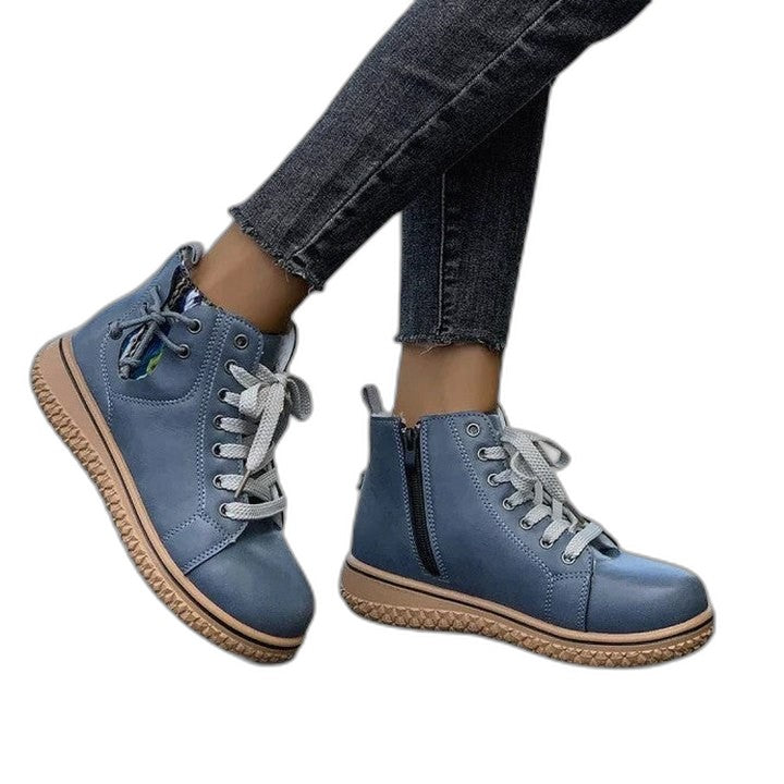 Comfortable Blue Leather Ankle Boots for Women with Closed Toe Lace Up Casual Style