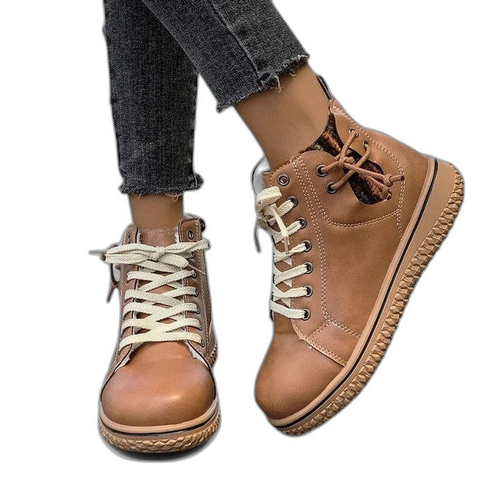 Comfortable Blue Leather Ankle Boots for Women with Closed Toe Lace Up Casual Style