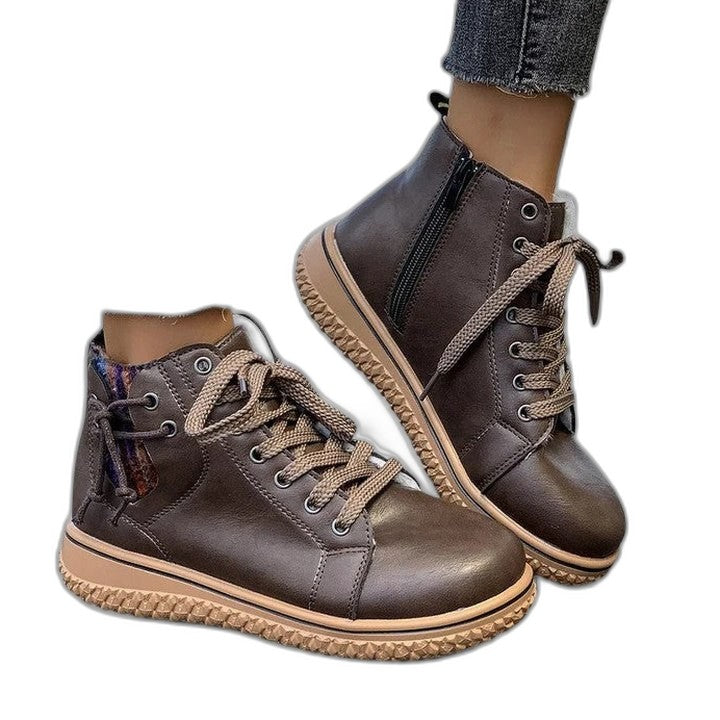 Comfortable Blue Leather Ankle Boots for Women with Closed Toe Lace Up Casual Style