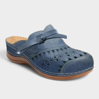 Comfortable Blue Leather Mules for Women with Cutout Closed Toe Casual Style