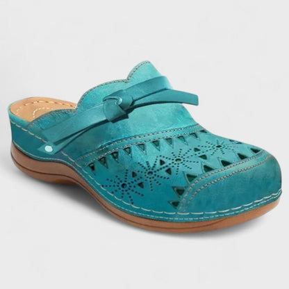 Comfortable Blue Leather Mules for Women with Cutout Closed Toe Casual Style