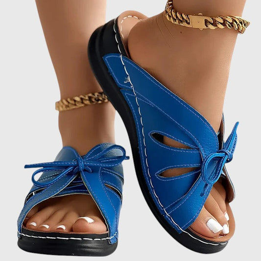 Comfortable Blue Leather Sandals for Women with Cutout Open Toe Casual Style