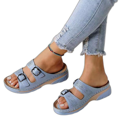 Comfortable Blue Leather Sandals for Women with Platform Open Toe Buckle Casual Style
