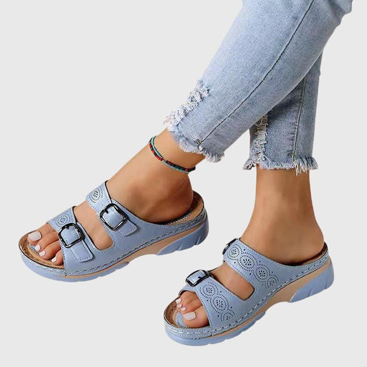 Comfortable Blue Leather Sandals for Women with Platform Open Toe Buckle Casual Style