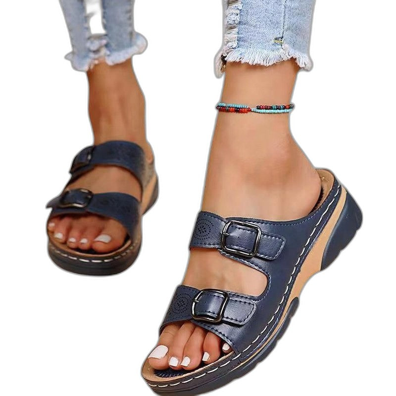 Comfortable Blue Leather Sandals for Women with Platform Open Toe Buckle Casual Style