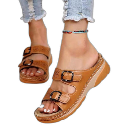 Comfortable Blue Leather Sandals for Women with Platform Open Toe Buckle Casual Style