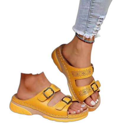 Comfortable Blue Leather Sandals for Women with Platform Open Toe Buckle Casual Style