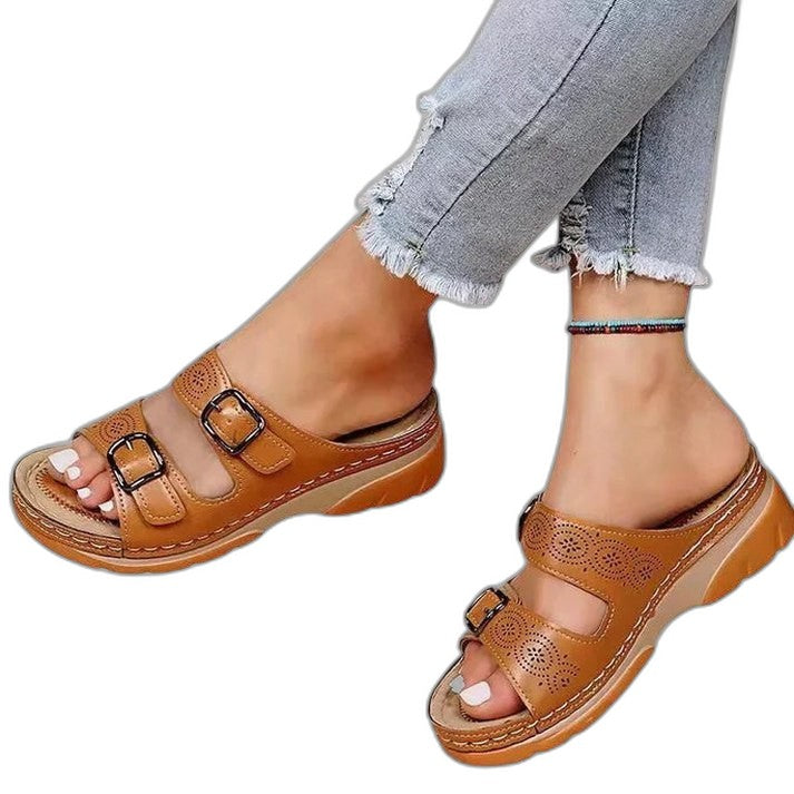Comfortable Blue Leather Sandals for Women with Platform Open Toe Buckle Casual Style