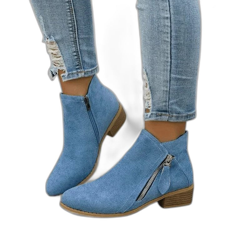 Comfortable Blue Suede Ankle Boots for Women with Block Heel Closed Toe Casual Style