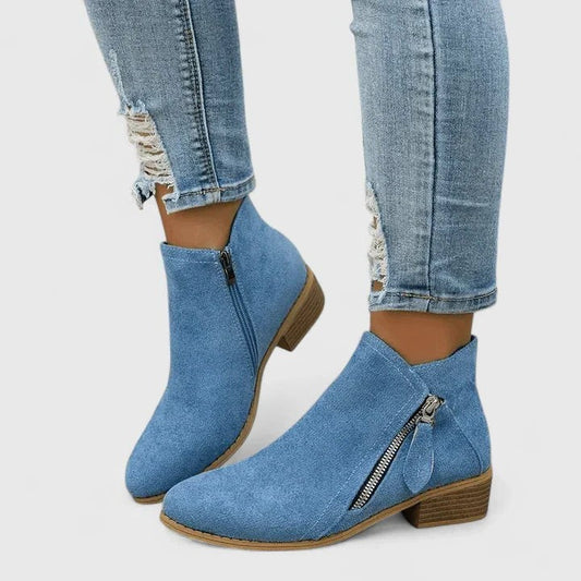 Comfortable Blue Suede Ankle Boots for Women with Block Heel Closed Toe Casual Style