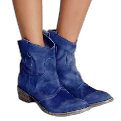 Comfortable Blue Suede Ankle Boots for Women with Block Heel Closed Toe Casual Style