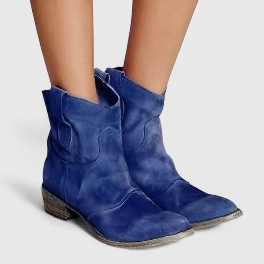 Comfortable Blue Suede Ankle Boots for Women with Block Heel Closed Toe Casual Style