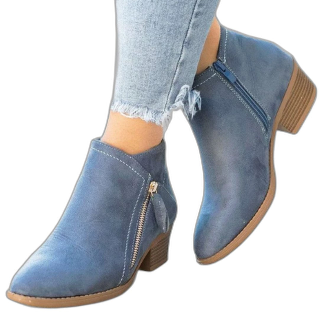 Comfortable Blue Suede Ankle Boots for Women with Block Heel Closed Toe Casual Style