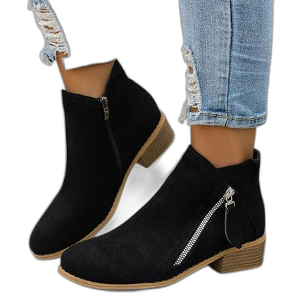 Comfortable Blue Suede Ankle Boots for Women with Block Heel Closed Toe Casual Style