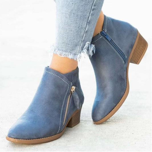 Comfortable Blue Suede Ankle Boots for Women with Block Heel Closed Toe Casual Style