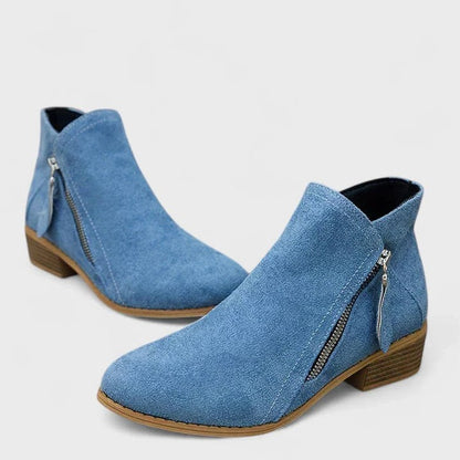 Comfortable Blue Suede Ankle Boots for Women with Block Heel Closed Toe Casual Style