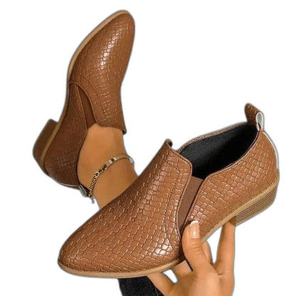 Comfortable Brown Leather Ankle Boots for Women with Block Heel Closed Toe Casual Style