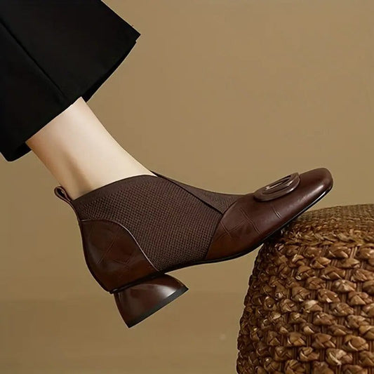 Comfortable Brown Leather Ankle Boots for Women with Block Heel Closed Toe Casual Style
