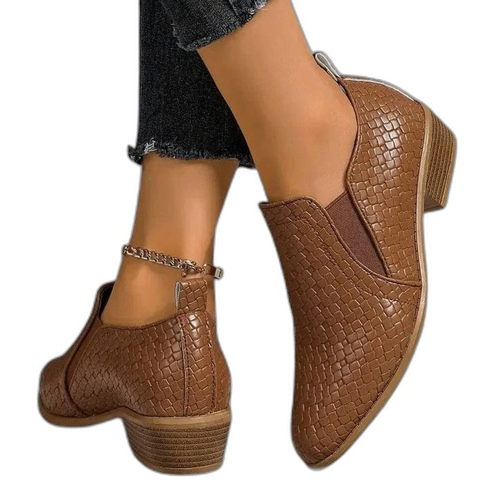 Comfortable Brown Leather Ankle Boots for Women with Block Heel Closed Toe Casual Style