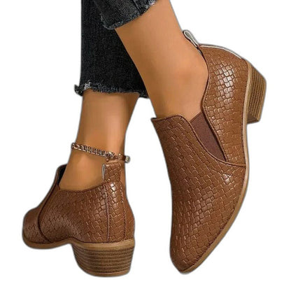 Comfortable Brown Leather Ankle Boots for Women with Block Heel Closed Toe Casual Style