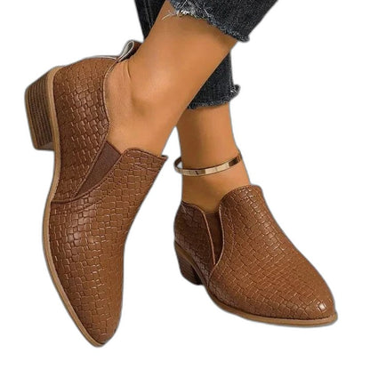 Comfortable Brown Leather Ankle Boots for Women with Block Heel Closed Toe Casual Style