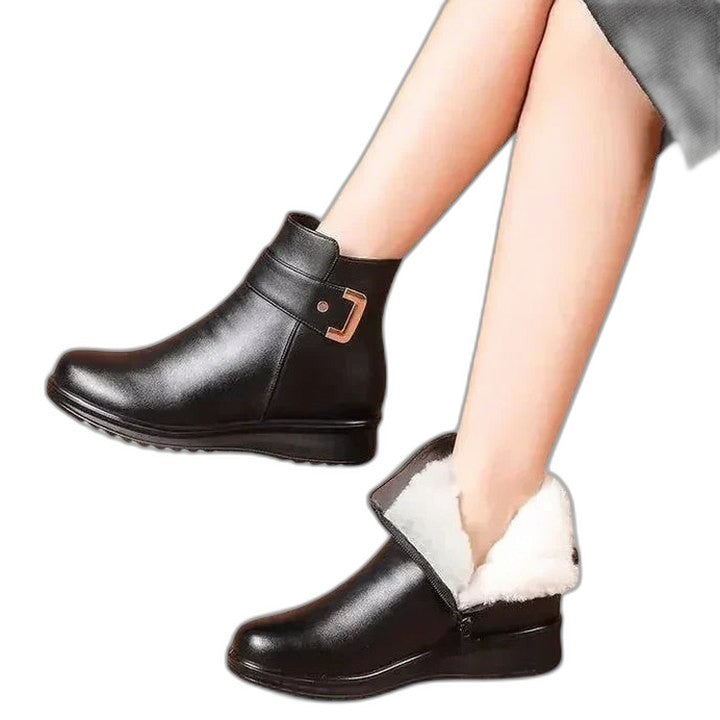 Comfortable Brown Leather Ankle Boots for Women with Closed Toe Fur Lined Buckle Casual Style