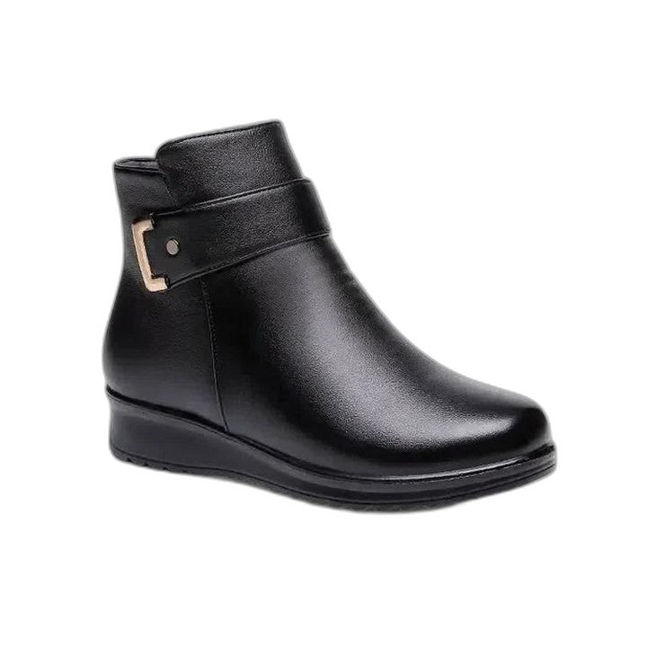 Comfortable Brown Leather Ankle Boots for Women with Closed Toe Fur Lined Buckle Casual Style