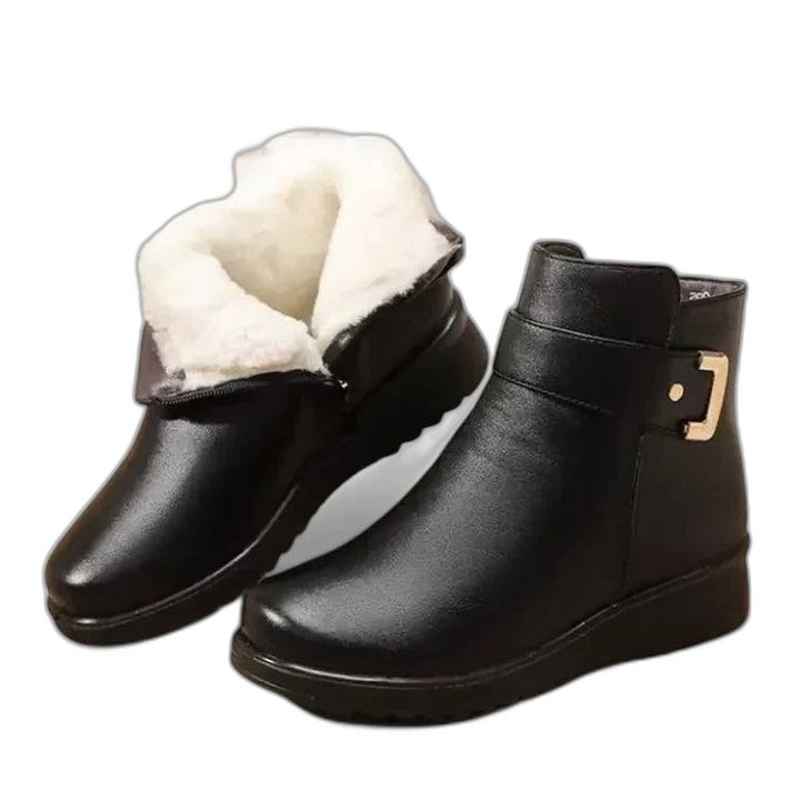Comfortable Brown Leather Ankle Boots for Women with Closed Toe Fur Lined Buckle Casual Style