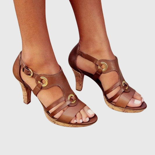 Comfortable Brown Leather Heels for Women with Block Heel Ankle Strap Open Toe Buckle Casual Style